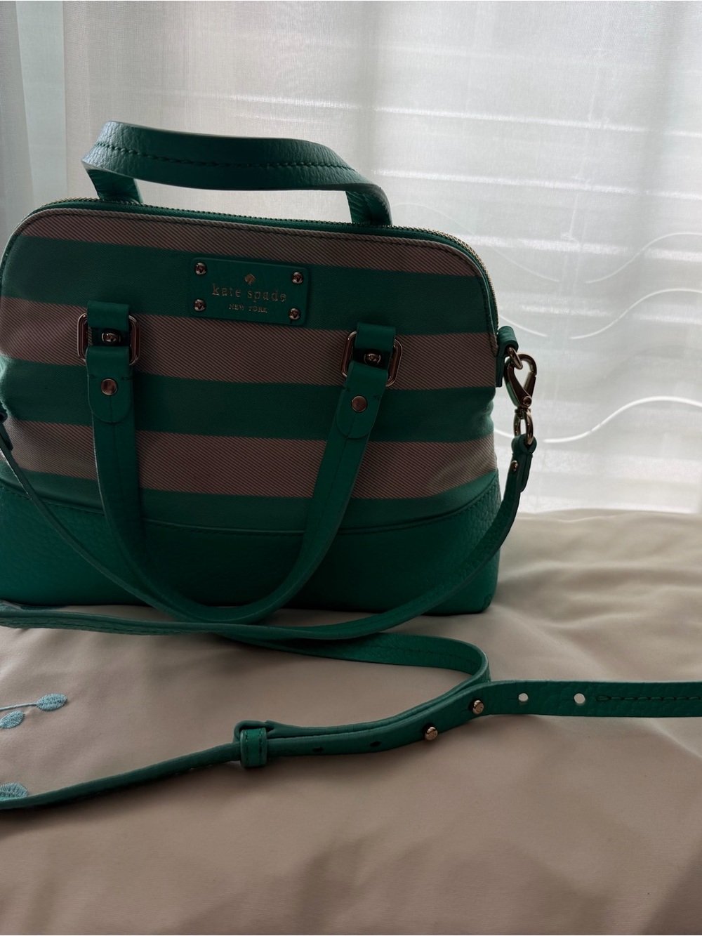 Kate Spade Groove Court Maise Striped Canvas Leather Crossbody Satchel Mint